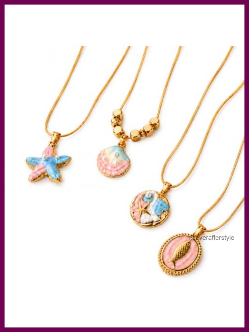 Women Layered Gold Necklaces Set 4 Pcs Dainty Ocean Pendant Starfish Shell Fish
